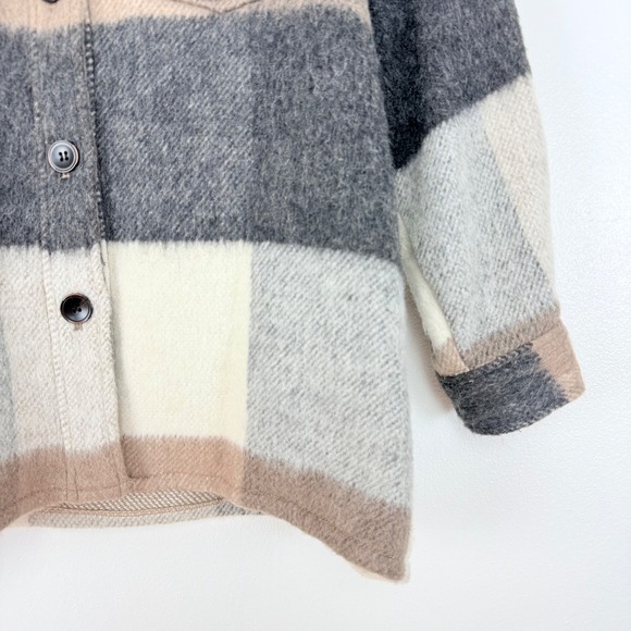 ZARA Oversized Plaid Shacket Jacket Size M Wool Blend Fringe Back Neutral Cozy - Picture 6 of 14